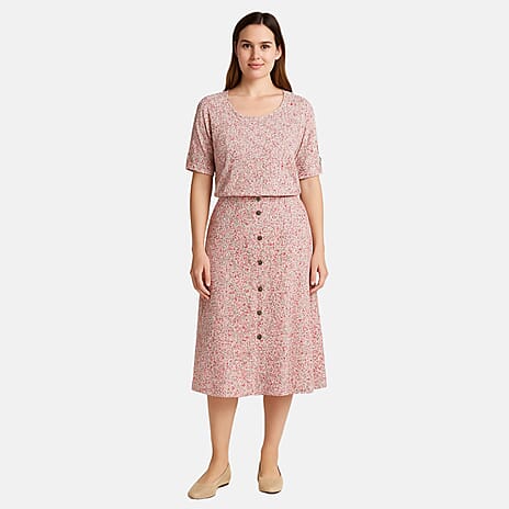 Anamor Ditsy Mock Knitted Button Skirt with Lining (Size - L) - Pink