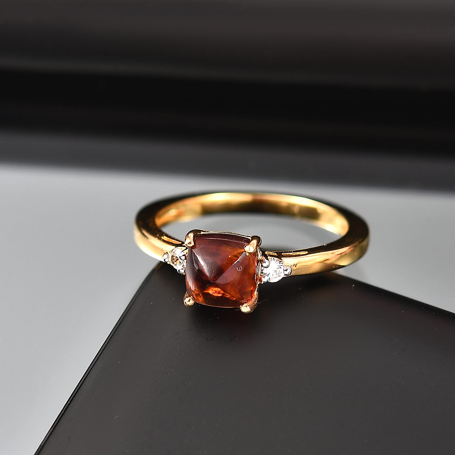Sugar Loaf Cut Madeira Citrine & White Zircon Solitaire Ring in Yellow Gold Overlay Sterling Silver 1.38 Ct.