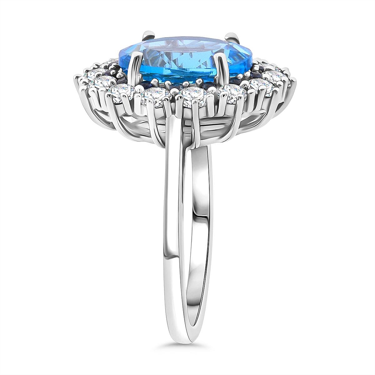 Swiss Blue Topaz, Blue Sapphire, White Zircon Ring in Rhodium OverlaySterling Silver  6.300  Ct.