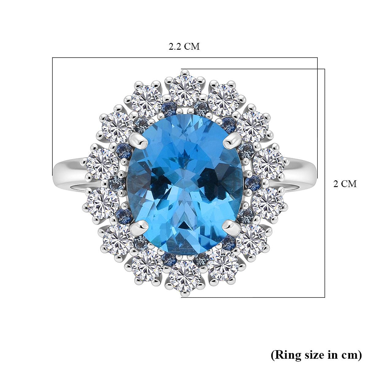 Swiss Blue Topaz, Blue Sapphire, White Zircon Ring in Rhodium OverlaySterling Silver  6.300  Ct.
