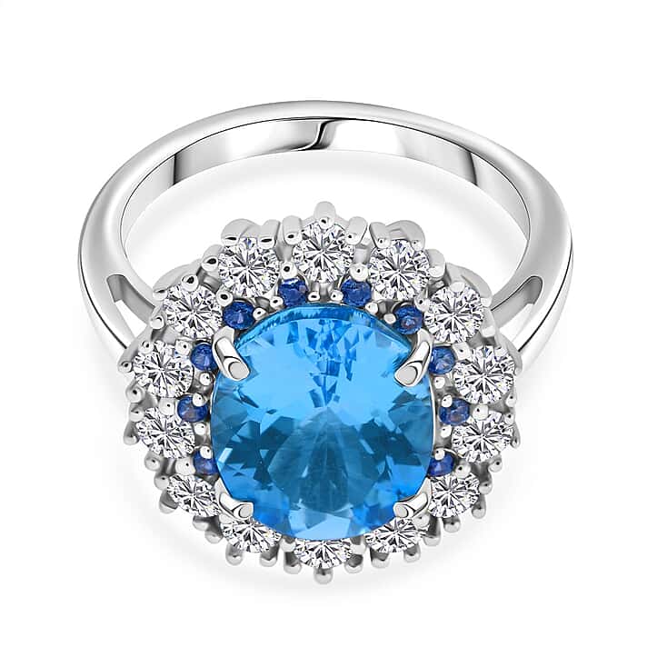 D'Joy Swiss Blue Topaz, Blue Sapphire & White Zircon Halo Ring in Rhodium Overlay Sterling Silver 5.87 Ct.