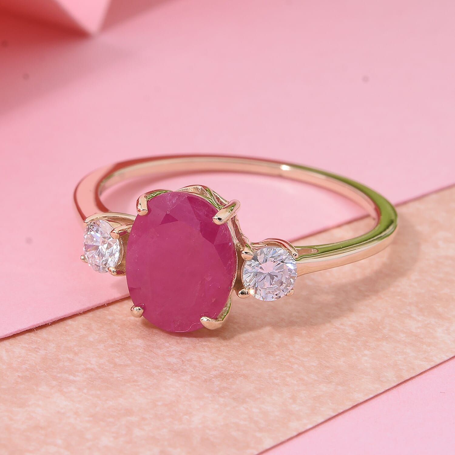 9K Yellow Gold AAA Mozambique Ruby & Lab Grown Diamond Ring 2.00 Ct. 9K Yellow Gold AAA Mozambique Ruby & Lab Grown Diamond Ring 2.00 Ct.