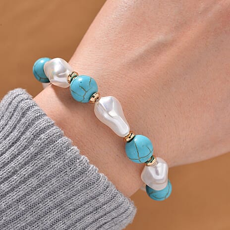 Designer Inspired - White Shell Pearl & Blue Howlite Bracelet (Size 7-2 Ext) 60.00 Ct.