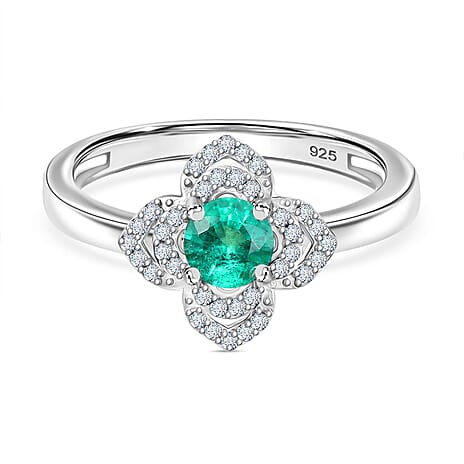 Colombian Emerald & White Zircon Ring in Rhodium Overlay Sterling Silver