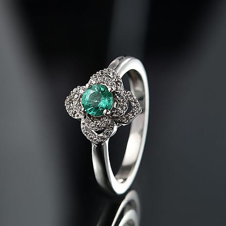 Colombian Emerald & White Zircon Ring in Rhodium Overlay Sterling Silver
