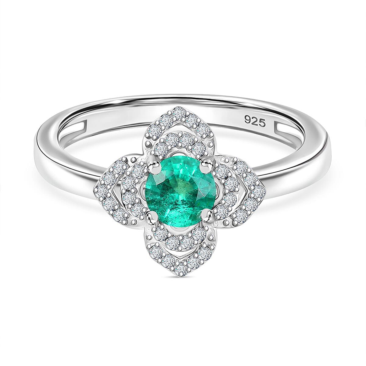 Colombian Emerald, White Zircon Floral Ring in Rhodium Overlay Sterling Silver