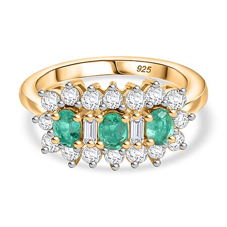 Colombian Emerald & White Zircon Boat Ring in 18K Vermeil Yellow Gold Plated Sterling Silver 1.60 Ct. Colombian Emerald & White Zircon Boat Ring in 18K Vermeil Yellow Gold Plated Sterling Silver 1.60 Ct.