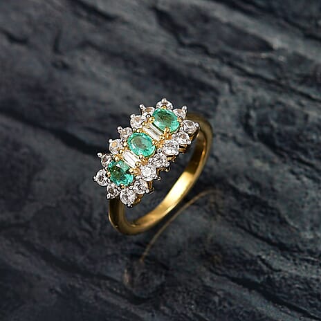Colombian Emerald & White Zircon Boat Ring in 18K Vermeil Yellow Gold Plated Sterling Silver 1.60 Ct.
