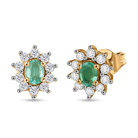 Colombian Emerald & White Zircon Stud Push Back Earring in 18K Vermeil Yellow Gold Plated Sterling Silver
