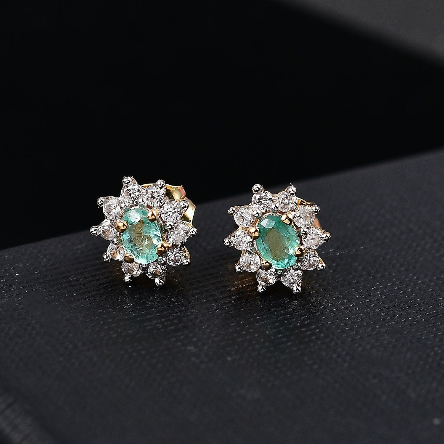 Colombian Emerald & White Zircon Stud Push Back Earring in 18K Vermeil Yellow Gold Plated Sterling Silver