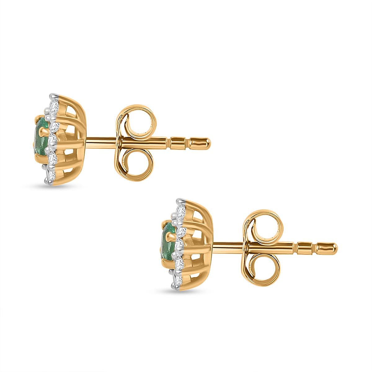 Colombian Emerald & White Zircon Stud Push Back Earring in 18K Vermeil Yellow Gold Plated Sterling Silver