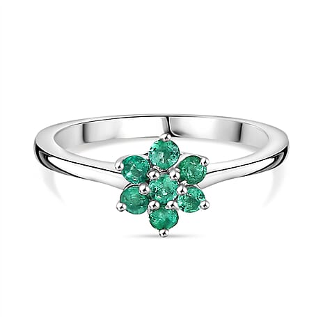 Colombian Emerald Solitaire Flower Ring in Rhodium Overlay Sterling Silver