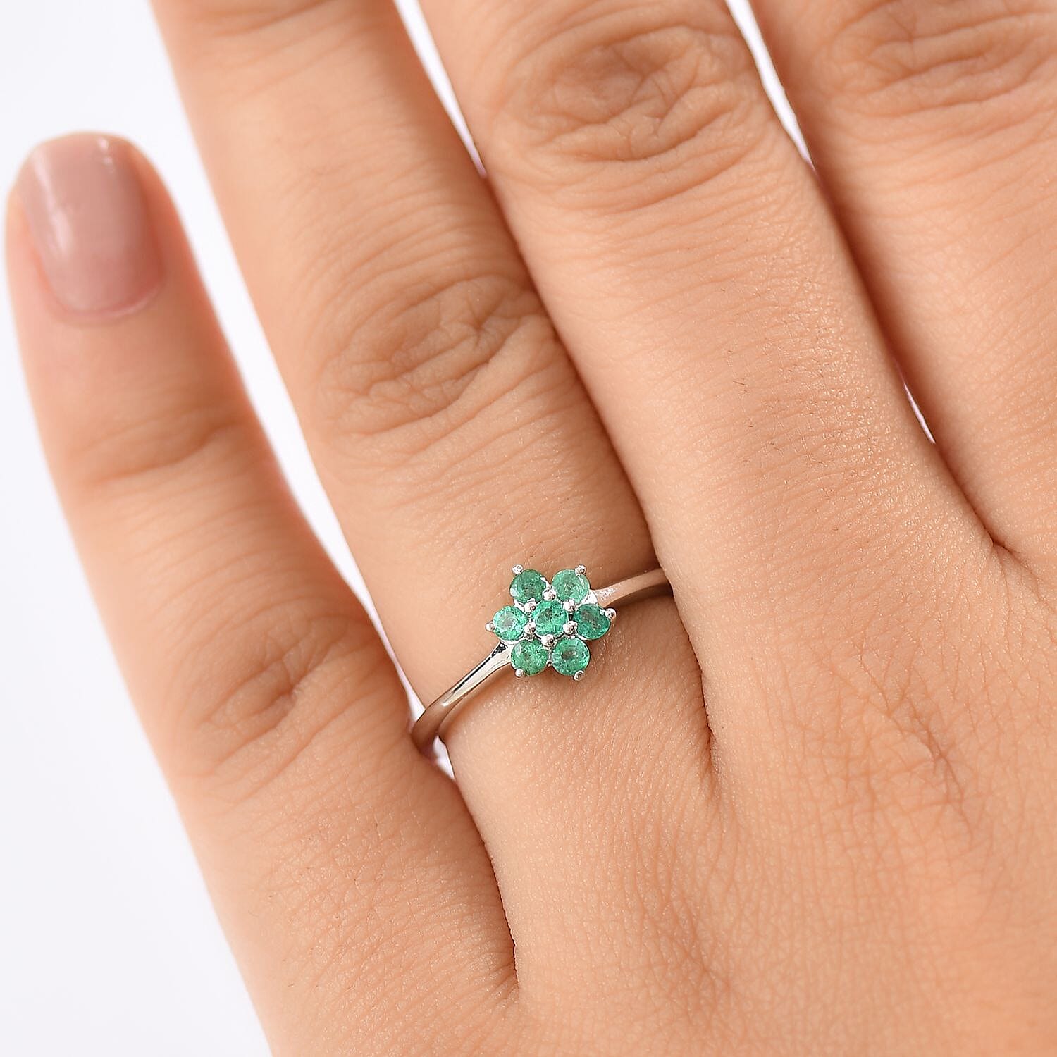 Colombian Emerald Solitaire Flower Ring in Rhodium Overlay Sterling Silver