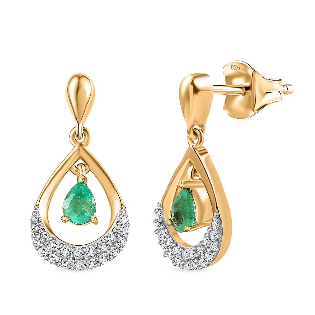 Colombian Emerald & White Zircon Dangling Push Back Earring in 18K Vermeil Yellow Gold Plated Sterling Silver