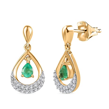 Colombian Emerald & White Zircon Dangling Push Back Earring in 18K Vermeil Yellow Gold Plated Sterling Silver