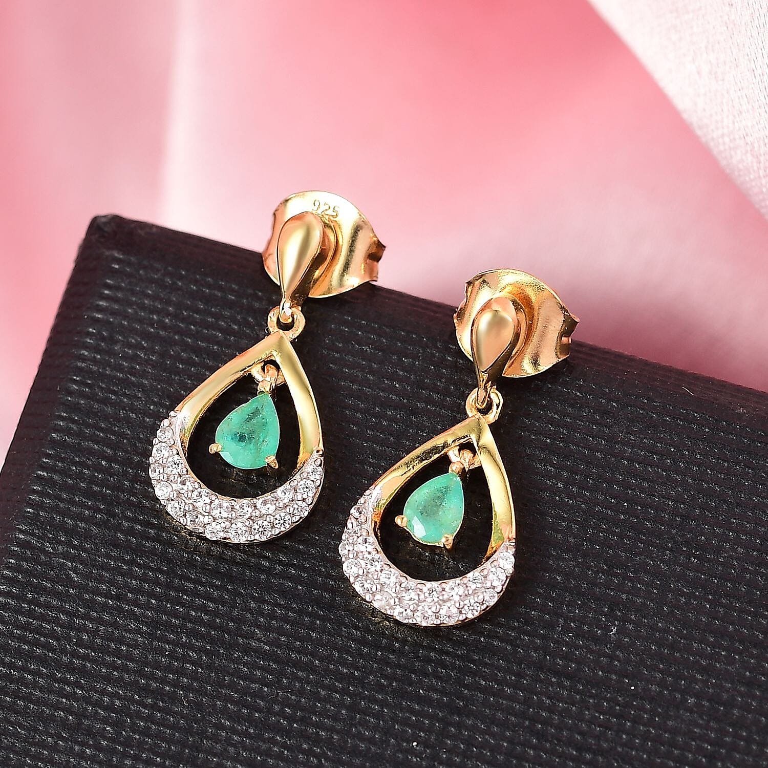 Colombian Emerald & White Zircon Dangling Push Back Earring in 18K Vermeil Yellow Gold Plated Sterling Silver