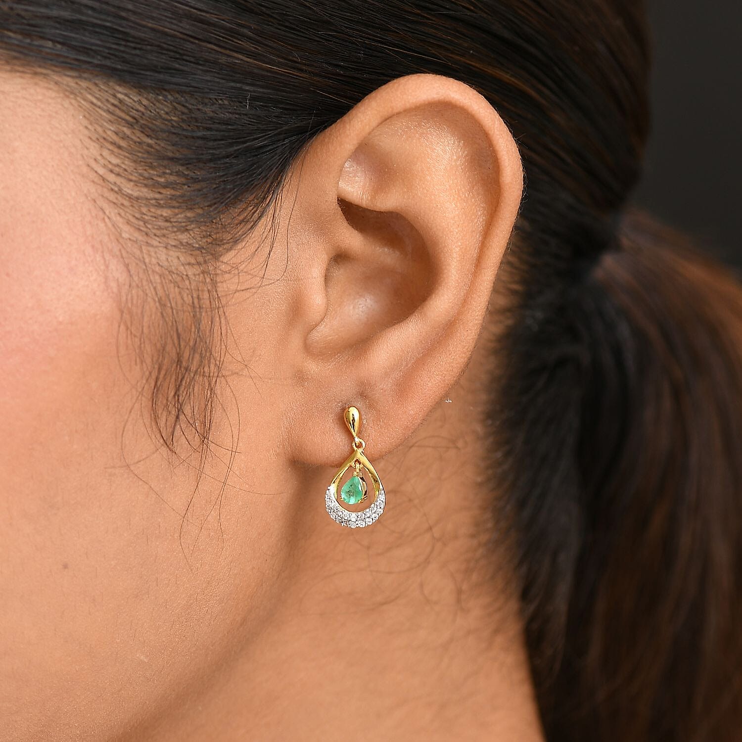Colombian Emerald & White Zircon Dangling Push Back Earring in 18K Vermeil Yellow Gold Plated Sterling Silver