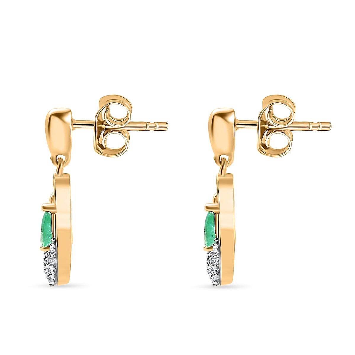 Colombian Emerald & White Zircon Dangling Push Back Earring in 18K Vermeil Yellow Gold Plated Sterling Silver