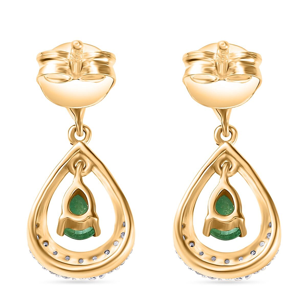 Colombian Emerald & White Zircon Dangling Push Back Earring in 18K Vermeil Yellow Gold Plated Sterling Silver