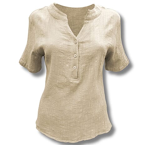 Anamor Crinkled Linen Feel Pure Cotton Henley Top (Size - M) - Stone