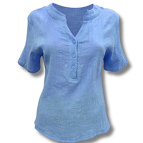 THE SHOWSTOPPER - Anamor Crinkled Linen Feel Pure Cotton Henley Top (Size - M) - Blue