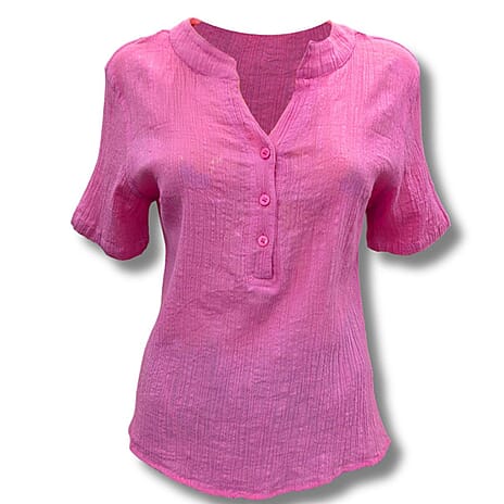 Anamor Crinkled Linen Feel Pure Cotton Henley Top (Size - L) - Pink