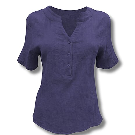 THE SHOWSTOPPER - Anamor Crinkled Linen Feel Pure Cotton Henley Top (Size - L) - Navy