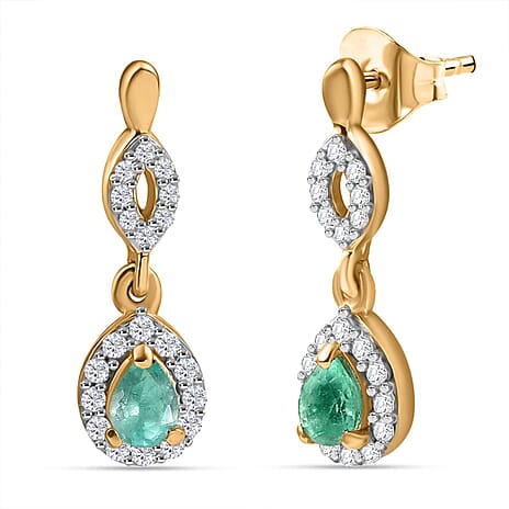 Colombian Emerald & White Zircon Dangling Push Back Earrings in 18K Vermeil Yellow Gold Plated Sterling Silver