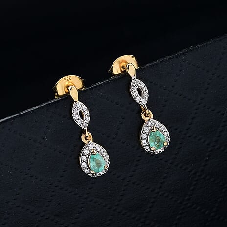 Colombian Emerald & White Zircon Dangling Push Back Earrings in 18K Vermeil Yellow Gold Plated Sterling Silver