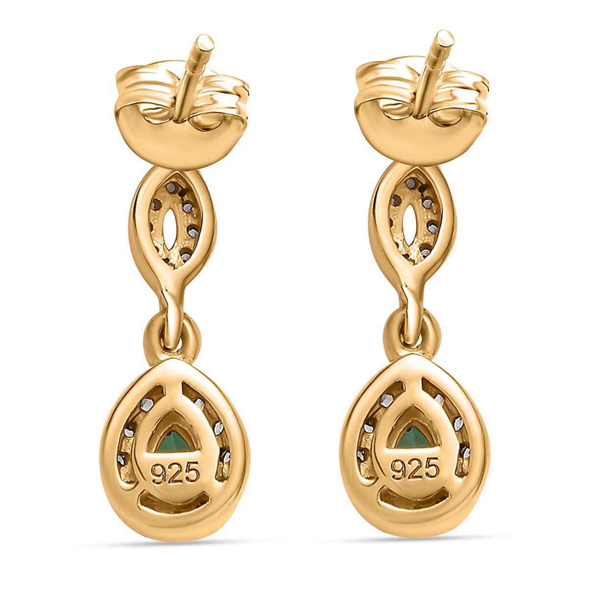 Colombian Emerald & White Zircon Dangling Push Back Earrings in 18K Vermeil Yellow Gold Plated Sterling Silver Colombian Emerald & White Zircon Dangling Push Back Earrings in 18K Vermeil Yellow Gold Plated Sterling Silver