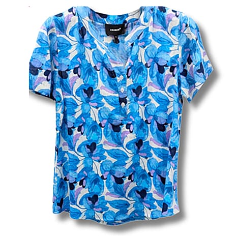 Anamor 100% Cotton Casual Floral Print Linen Feel Collar Top (Size M) - Blue