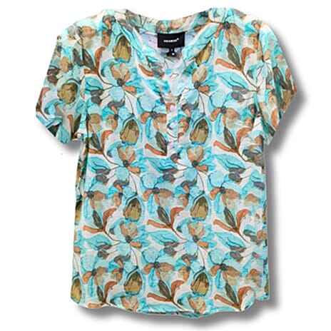 Anamor 100% Cotton Casual Floral Print Linen Feel Collar Top (Size S) - Mint
