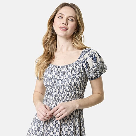 Chilli Charm Linen Blend Border Print Puff Sleeve Midi Dress (Size S) - Navy