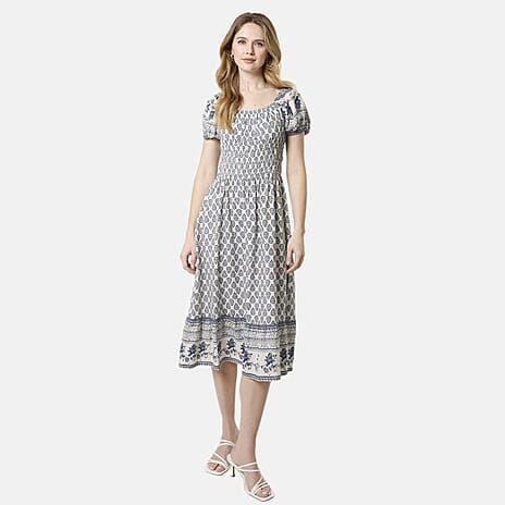Chilli Charm Linen Bland Border Print Puff Sleeve Midi Dress (Size XL) - Navy