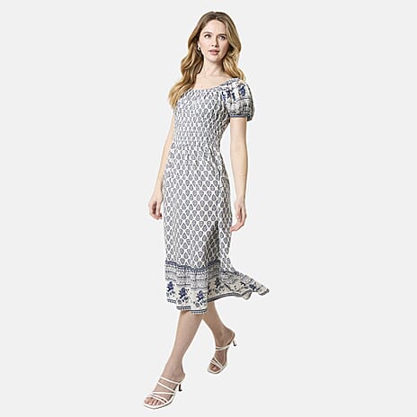 Chilli Charm Linen Bland Border Print Puff Sleeve Midi Dress (Size XL) - Navy