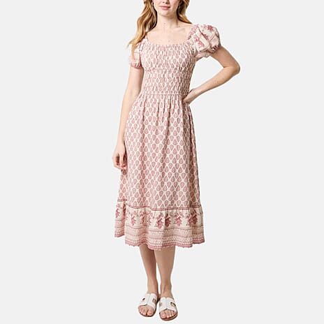 Chilli Charm Linen Bland Border Print Puff Sleeve Midi Dress (Size L) - Pink