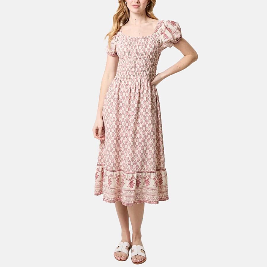 Chilli Charm Linen Bland Border Print Puff Sleeve Midi Dress (Size L) - Pink