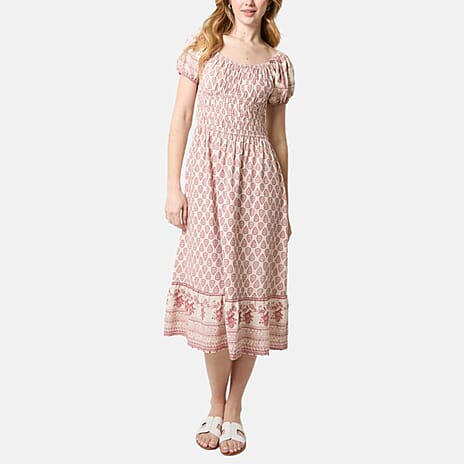 Chilli Charm Linen Bland Border Print Puff Sleeve Midi Dress (Size L) - Pink