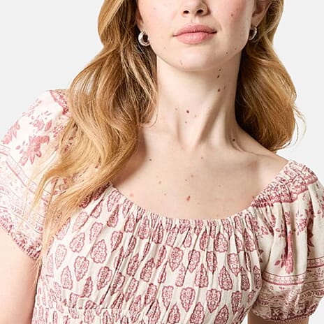 Chilli Charm Linen Bland Border Print Puff Sleeve Midi Dress (Size S) - Pink