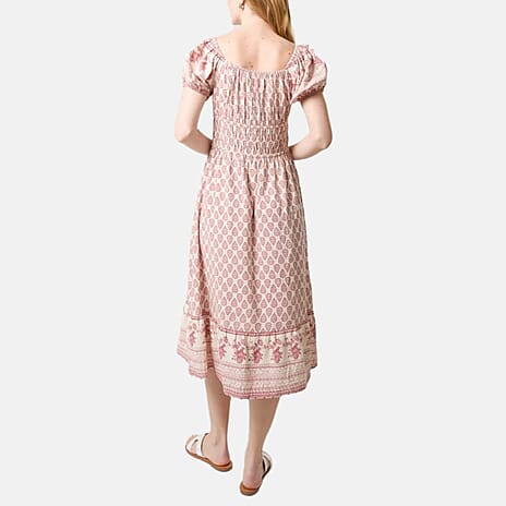 Chilli Charm Linen Bland Border Print Puff Sleeve Midi Dress (Size XL) - Pink