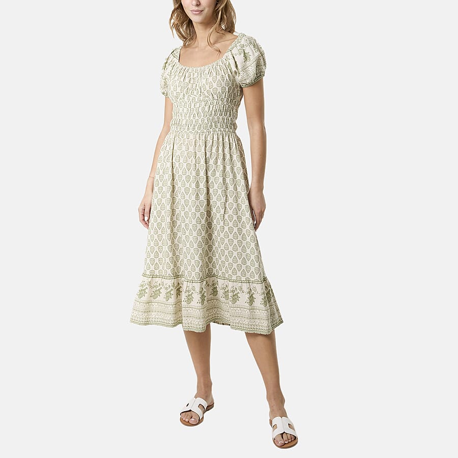 Chilli Charm Rayon Border Print Puff Sleeve Midi Dress (Size L) - Green