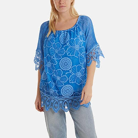 WildFlower Bardot Cold Wash Floral Off Shoulder Lace Tunic Top(Size M-L) - Aqua