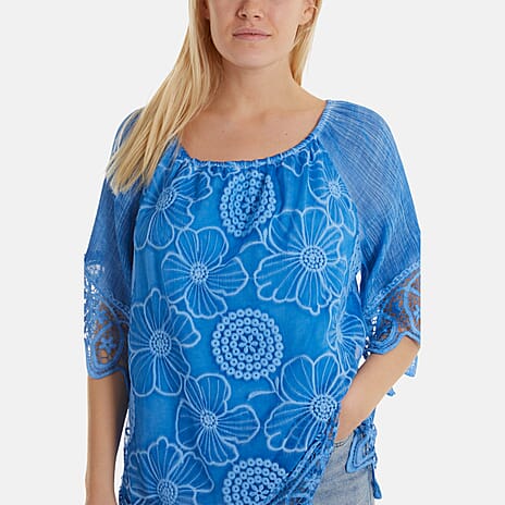 WildFlower Bardot Cold Wash Floral Off Shoulder Lace Tunic Top(Size M-L) - Aqua