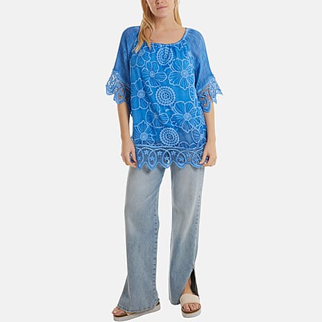 WildFlower Bardot Cold Wash Floral Off Shoulder Lace Tunic Top(Size M-L) - Aqua