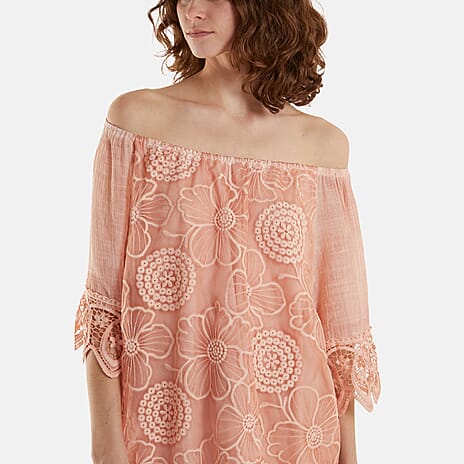 WildFlower Bardot Cold Wash Floral Off Shoulder Lace Tunic Top(Size S-M) - Peach