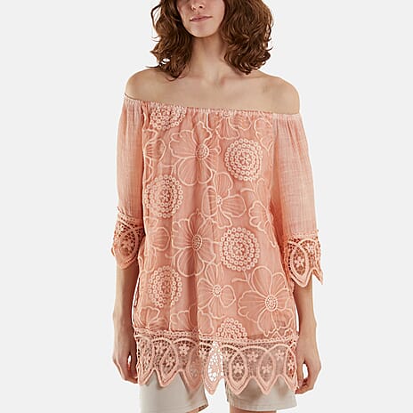 WildFlower Bardot Cold Wash Floral Off Shoulder Lace Tunic Top(Size M-L) - Peach