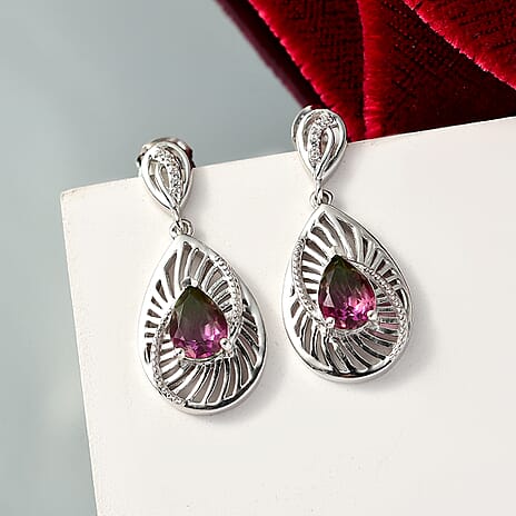 Watermelon Quartz Triplet & White Zircon Dangling Push Back Earring in Rhodium Overlay Sterling Silver 2.30 Ct.