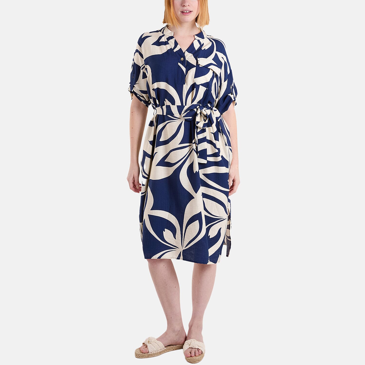 Chilli-Charm-Leaf-Print-Tie-Front-Relaxed-Midi-Dress-Size-S-M-Navy