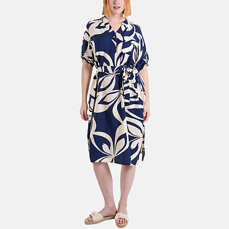 Chilli Charm Leaf Print Tie Front Relaxed Midi Dress (Size S-M) - Navy
