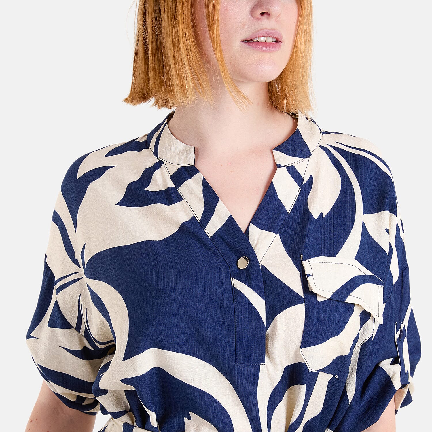 Chilli-Charm-Leaf-Print-Tie-Front-Relaxed-Midi-Dress-Size-S-M-Navy